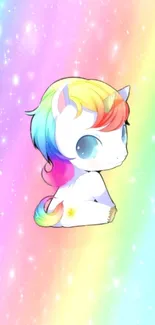 Adorable rainbow unicorn with pastel starry background.