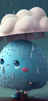 Cute raindrop creature with an umbrella in whimsical art.