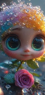 Adorable doll with raindrop-covered hair holding a rose.