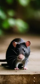 Adorable rat on a natural path with greenery in the background.