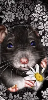 Cute rat holds daisy on black floral background wallpaper.