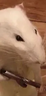 White rat holding toy gun on wooden flooring.