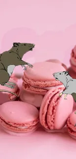 Illustrated rats on pink macarons wallpaper.