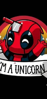 Cute red cartoon character with unicorn theme on a black background mobile wallpaper.