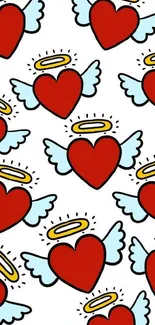 Red hearts with angel wings and halos on a wallpaper pattern.