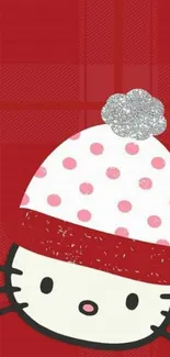 Cute Hello Kitty with polka dot hat on red background.