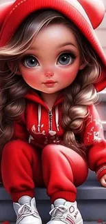 Adorable girl in red hoodie sitting on steps, digital art wallpaper.