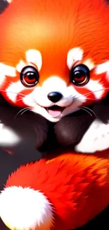 Adorable red panda hugging tail in digital illustration.