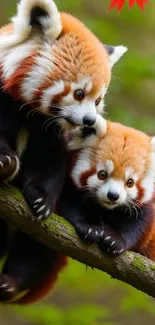 Two adorable red pandas on a tree branch with green leaves.