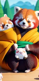 Adorable red panda family in the forest with toys, wrapped in orange fabric.