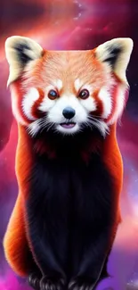 Adorable red panda with galaxy background.