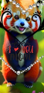 Adorable red panda in heart frame with I love you mom text.