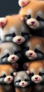 Stack of adorable red panda cubs with fluffy fur.