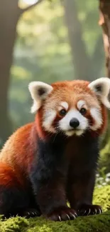Red panda in a lush green forest setting.
