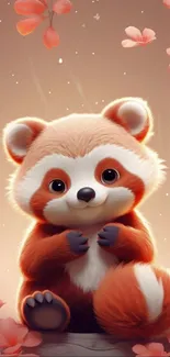 Cute red panda with floral accents on mobile wallpaper.