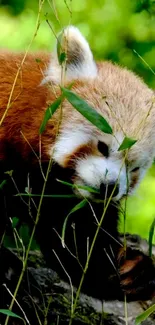 Adorable red panda among green leaves with a curious expression.