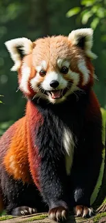 A cute red panda sitting in a lush green forest setting.