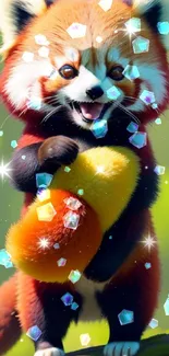 Adorable red panda in a vibrant forest setting.