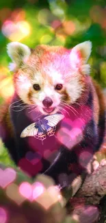 Adorable red panda with butterfly on tree in a lush green forest.