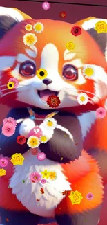 Cute red panda with colorful flowers on a bright background.