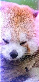 Serene sleeping red panda with glowing vibrant hues.