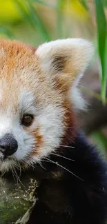 Adorable red panda resting on a tree branch in nature.