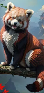 Illustrated red panda on a tree branch with scenic mountain background.