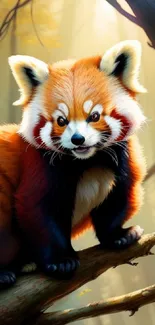 Realistic red panda on a tree branch in a serene forest setting.