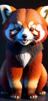 3D illustrated red panda with vibrant orange fur on a dark background.