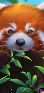 Cute red panda with green leaves and a vibrant background.