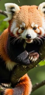 Playful red panda on a tree with vibrant colors.