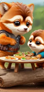 Cute illustration of red pandas dining in nature.