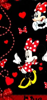 Cute red polka-dotted cartoon wallpaper with hearts and bows.