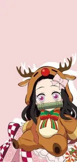 Anime character in reindeer costume on pink background.