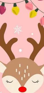 Cute reindeer with colorful lights on pink background.