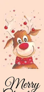 Cheerful cartoon reindeer with festive ornaments on pink background.