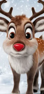 Cute animated reindeer in snowy Christmas setting.