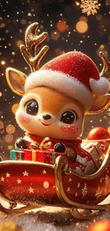 Cute reindeer in a sleigh with gifts and Christmas decor.
