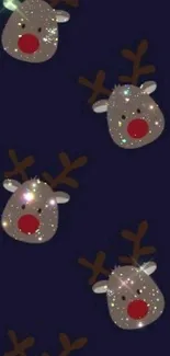 Cute reindeer heads with sparkles on a dark blue phone wallpaper.