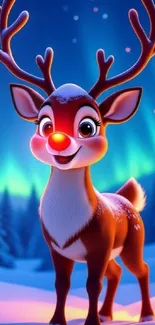 Cartoon reindeer with red nose in snowy winter scene.