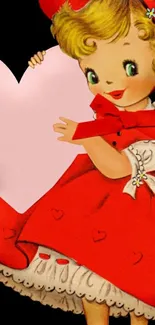 Vintage-style girl in red dress with heart on black background.