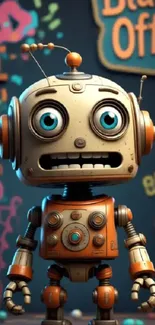 Cute retro robot with colorful background art.