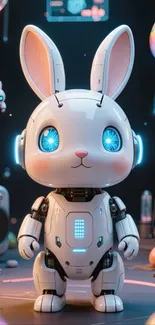 Adorable futuristic robot bunny with glowing eyes.