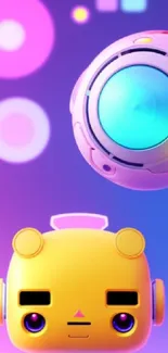 Cute cartoon robot with neon circles on a purple background.