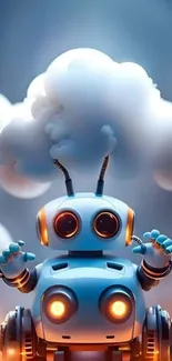 Cute robot with cloud background art.