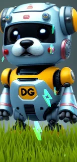 Cute robot dog standing on green grass, vibrant digital art.