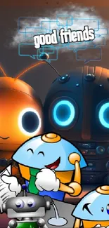 Cute robots with glowing eyes say 'good friends' in a cozy tech setup.