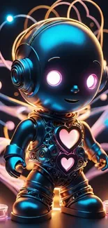 A cute robot with glowing hearts and candles, set against a vibrant background.