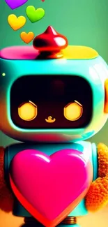 Colorful robot with heart design, vibrant phone wallpaper.