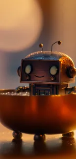 Cute robot in a bowl with soft, warm bokeh lights in the background.